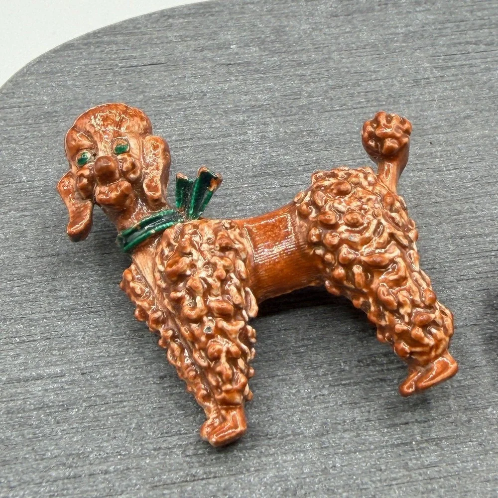 Vintage Pair Enamel Poodle Dog Brooch Pins Brown Green Figural Costume Jewelry